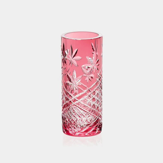 Edo Kiriko vase, Kagami Crystal vase, Japanese cut glass vase, red crystal vase, autumn leaves vase Japan, maple leaf vase, asanoha hemp leaf pattern vase, kagome hexagon vase, handmade Japanese crystal vase, luxury Japanese glassware, Ibaraki Edo Kiriko vase, seasonal Japanese decorative vase, artisan cut glass vase.