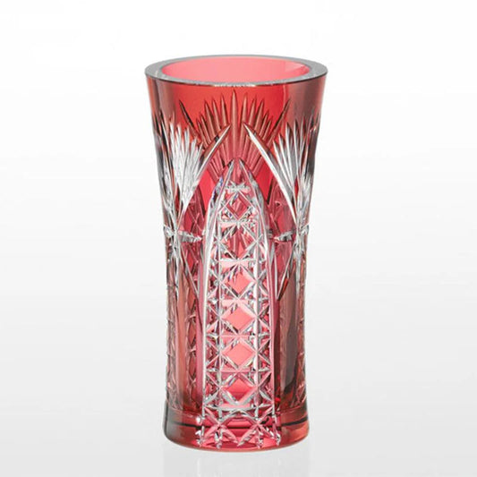 Edo Kiriko vase, Kagami Crystal vase, Japanese cut glass vase, red overlay crystal vase, bamboo leaf vase Japan, kagome pattern vase, luxury Japanese glassware, traditional Japanese vase, hand-cut crystal vase, Ibaraki Edo Kiriko, symbolic Japanese vase, collectible Japanese glass art, handmade Japanese crystal vase, artisan cut glass vase.