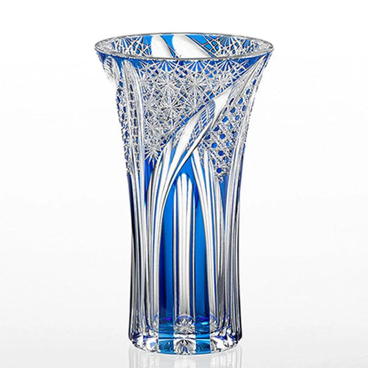 Edo Kiriko vase, Kagami Crystal vase, Junichi Nabetani glassware, Japanese cut glass vase, kiku tsunagi pattern vase, kagome pattern crystal, cobalt blue crystal vase, traditional Japanese glass art, handmade crystal vase Japan, luxury Japanese vase, Edo Kiriko gift, Japanese chrysanthemum motif vase, Japanese cultural art glass, Ibaraki Japan crafts, collectible Japanese crystal