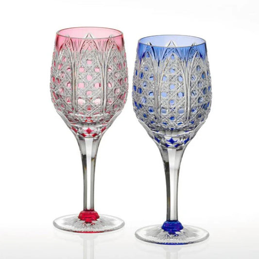 Edo Kiriko wine glasses, Kagami Crystal tall glasses, Edo Kiriko stemware, Japanese cut glass pair, bamboo leaf crystal glass, octagonal basket weave glass, red and blue crystal glasses, Edo Kiriko wedding gift, handcrafted Japanese crystal glass, Edo Kiriko champagne glasses, Kagami Crystal Edo Kiriko, Japanese anniversary gift glass set, bamboo and basket weave Edo Kiriko, traditional Japanese crystal