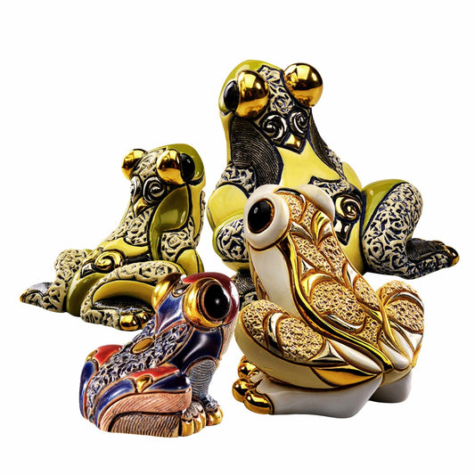 Frog figurine set handmade. Ceramic frog collectible bundle. Enamel frog sculptures from Uruguay. Frog home decor statues. Jumping frog figurines gold-accented. Symbolic frog ornament gift set. Hand-painted frog sculpture collection. Artisan frog figurine decor. Transformation and luck animal figurines. Frog totem statue set. Frog family collectible art pieces