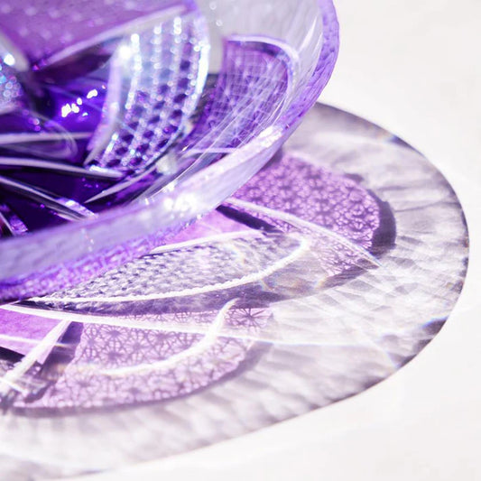 Fu Rin Kiriko plate, Japanese cut glass plate, rinzen glassware, purple Kiriko plate, handmade Japanese glass plate, Tokyo glass artisans, traditional Kiriko glass, Japanese decorative plate, hand-cut glassware Japan, Edo Kiriko style plate, soda glass Japan, luxury Japanese tableware, artisan Japanese glass dish, Japanese giftware plate