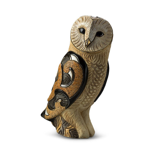 Handcrafted ceramic sculpture of a ghost owl (Tyto alba), featuring gold, ivory, and charcoal detail; limited edition collectible art piece with symbolic meaning of wisdom, protection, and intuition.