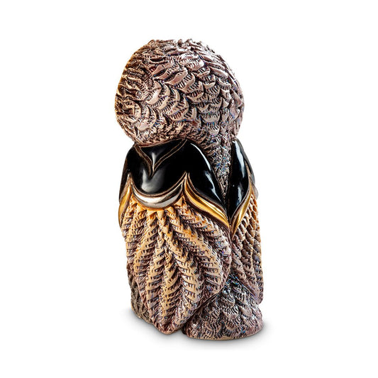 Hand-carved African Cape Owl figurine, 11.5×7×8 cm, with platinum and gold accents and vivid enamel glaze. Symbolic owl sculpture featuring fine feather detailing and artisanal craftsmanship. Wisdom owl gift sculpture. Small carved owl art piece.