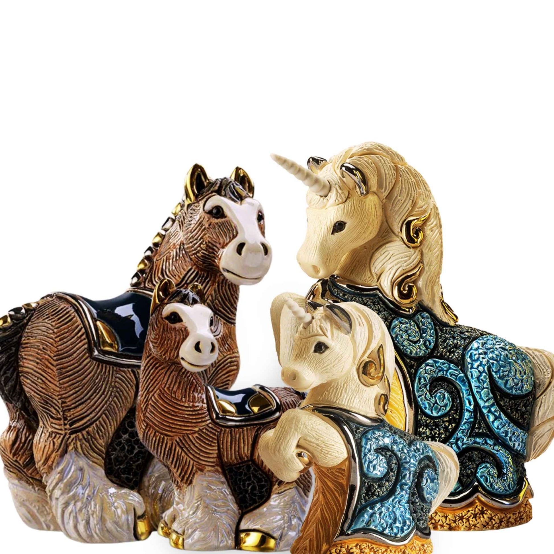 Hand-painted unicorn figurine set. Clydesdale horse statues collectible. Ceramic fantasy horse sculptures. Mythical creature decor bundle. Artisan unicorn home decor. Ceramic foal and mare figurines. Handmade equine statue set. Blue enamel unicorn collectibles. Fantasy horse gift collection. Ceramic horse and unicorn duo