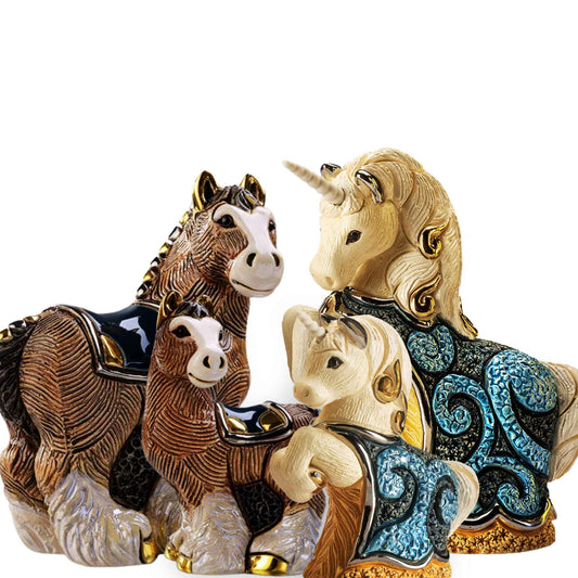 Hand-painted unicorn figurine set. Clydesdale horse statues collectible. Ceramic fantasy horse sculptures. Mythical creature decor bundle. Artisan unicorn home decor. Ceramic foal and mare figurines. Handmade equine statue set. Blue enamel unicorn collectibles. Fantasy horse gift collection. Ceramic horse and unicorn duo