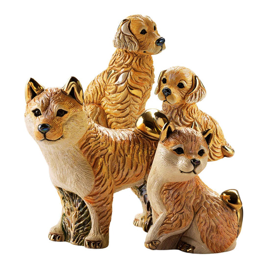 Handcrafted dog figurines set. Golden retriever ceramic sculpture. Shiba Inu collectible figurine. Puppy and dog statue set. Handmade dog lover gift. Enamel dog statues. Ceramic pet figurines. Artisan golden retriever decor. Shiba Inu sculpture collectible. Dog figurine 4-piece bundle