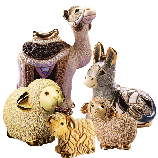 Handcrafted nativity animal figurines. Ceramic camel and donkey statues. De Rosa sheep and goat miniatures. Farm animal ceramic sculpture set. Artisan animal figurine bundle. Pastoral figurine collectible set. Enamel ceramic donkey and camel. Handmade sheep figurines with gold. Farm animals decor De Rosa. Gold-accented animal figurine set