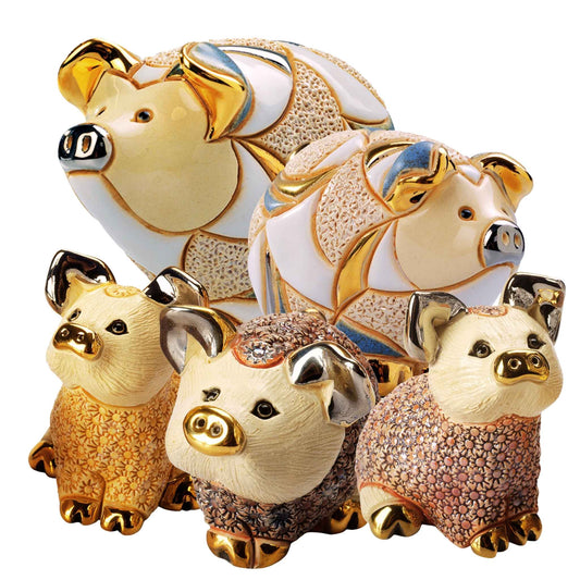 Handcrafted pig figurines. Ceramic piglet collectibles. Floral pig statues. Artisan pig sculpture set. Gold-accented pig ornaments. De Rosa ceramic pigs. Pig home décor figurines. Animal-themed collectible art. Pig family sculpture gift set. Handmade pig statues Uruguay