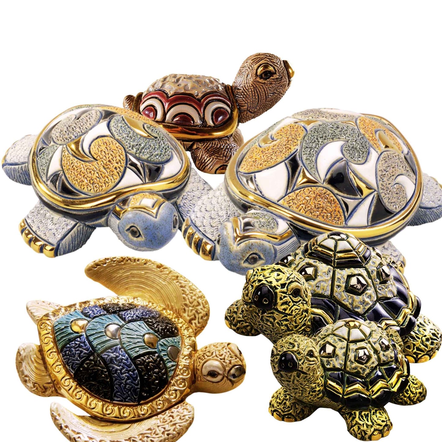Handcrafted turtle figurines. De Rosa ceramic tortoise collection. Artisan sea turtle sculptures. Handmade ceramic turtle statues. Turtle family figurine set. Decorative tortoise home decor. Symbolic turtle collectible. Ceramic turtle sculptures handmade. Baby turtle figurine set. Gold and enamel turtle decor