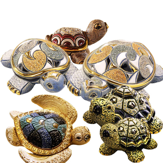 Handcrafted turtle figurines. De Rosa ceramic tortoise collection. Artisan sea turtle sculptures. Handmade ceramic turtle statues. Turtle family figurine set. Decorative tortoise home decor. Symbolic turtle collectible. Ceramic turtle sculptures handmade. Baby turtle figurine set. Gold and enamel turtle decor