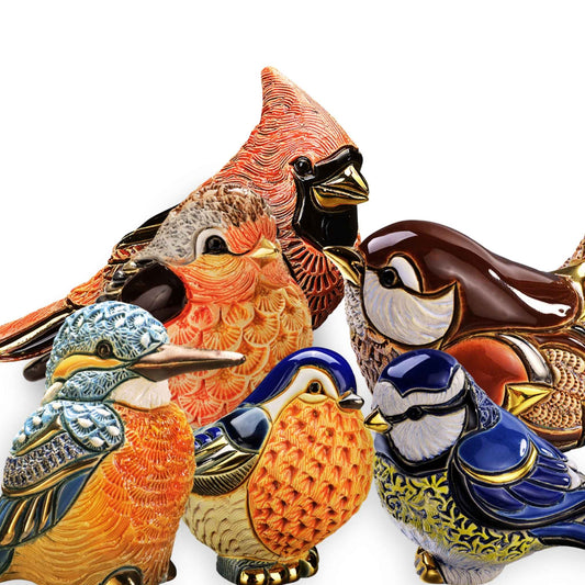 Handmade ceramic bird figurines. Decorative songbird sculptures. Colorful robin bird decor. Blue tit bird statue collectible. Artisan cardinal bird figurine. Ceramic wren bird ornament. Kingfisher enamel figurine. Nature-inspired bird sculpture set. Hand-painted bird gift bundle. Bird-themed home decor gift set. De Rosa bird figurines handmade
