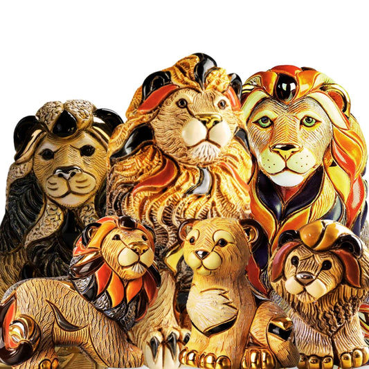 Handmade lion figurine set. Ceramic lion family sculpture. Regal lion statue bundle. Collectible lions with gold accents. Safari animal figurine decor. Jungle king art statue. Lion and cub ceramic set. Luxury wildlife collectible. Animal figurines handmade. De Rosa lion sculpture gift set