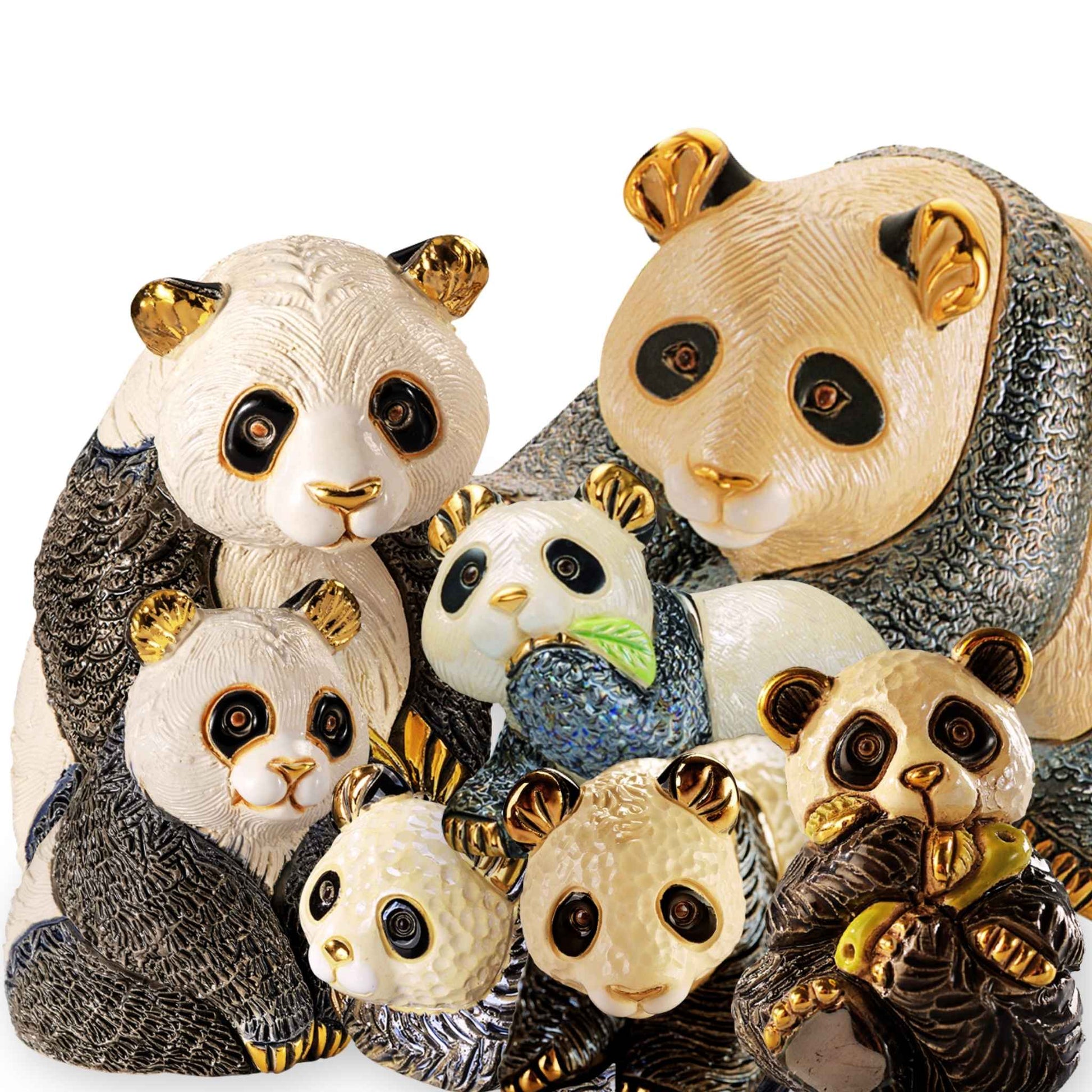 Handmade panda figurines. Ceramic panda family sculpture. Panda bear home decor. Baby panda collectible statues. Gold-trimmed animal figurines. Wildlife ceramic figurines. Hand-painted panda art. Artisan panda ornament set. Panda nursery decoration. Miniature panda keepsake. De Rosa panda figurines handcrafted