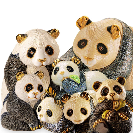 Handmade panda figurines. Ceramic panda family sculpture. Panda bear home decor. Baby panda collectible statues. Gold-trimmed animal figurines. Wildlife ceramic figurines. Hand-painted panda art. Artisan panda ornament set. Panda nursery decoration. Miniature panda keepsake. De Rosa panda figurines handcrafted