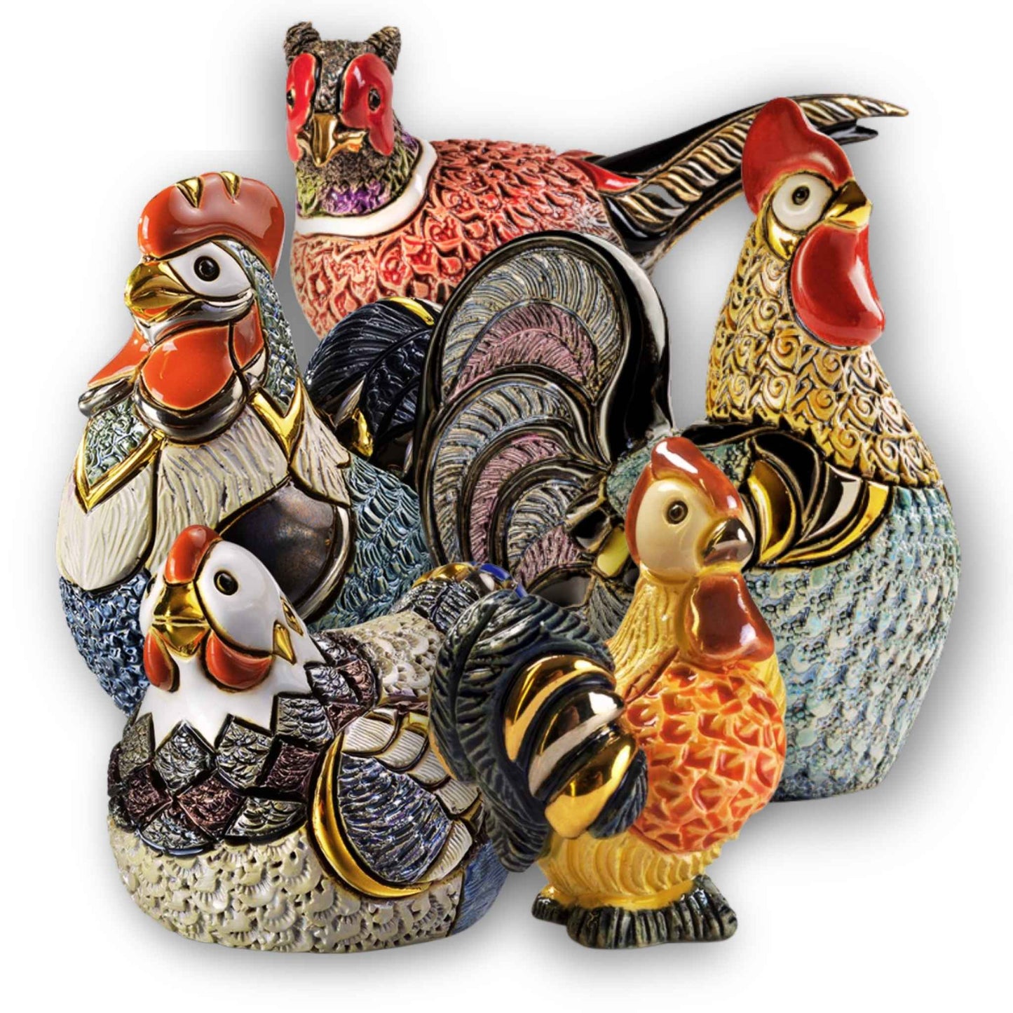 Handmade rooster figurine set. Ceramic farm animal sculptures. Hen and rooster statue collection. Hand-painted bird figurines. Pheasant home decor statue. Enamel rooster ornament. Rural kitchen decor sculptures. Rooster hen pheasant collectible set. Artisan ceramic birds. Colorful barnyard figurines. Farmhouse style animal statues