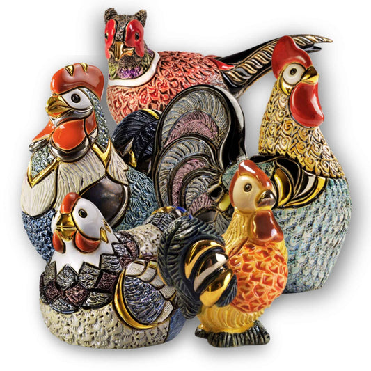Handmade rooster figurine set. Ceramic farm animal sculptures. Hen and rooster statue collection. Hand-painted bird figurines. Pheasant home decor statue. Enamel rooster ornament. Rural kitchen decor sculptures. Rooster hen pheasant collectible set. Artisan ceramic birds. Colorful barnyard figurines. Farmhouse style animal statues