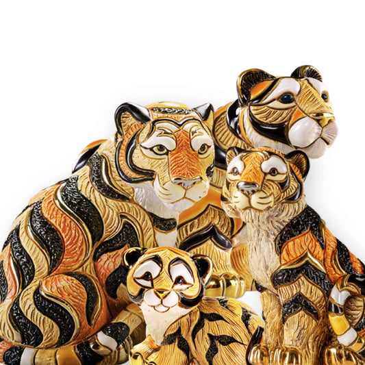 Handmade tiger figurines. Ceramic tiger statue. Bengal tiger sculpture. De Rosa tiger collection. Animal figurine set. Tiger collectible art pieces. Jungle animal decor. Wildlife ceramic statues. Hand-painted tiger figurine. Gold accented tiger sculpture