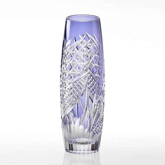 Hokaze Edo Kiriko vase, Kagami Crystal vase, Japanese cut glass vase, Edo Kiriko crystal, violet crystal vase, luxury Japanese vase, handmade crystal vase Japan, traditional Japanese glassware, artisan cut glass vase, Ibaraki Japan vase, decorative crystal flower vase, Japanese cultural home decor, tall narrow crystal vase, collectible Japanese glass, handcrafted Edo Kiriko vase