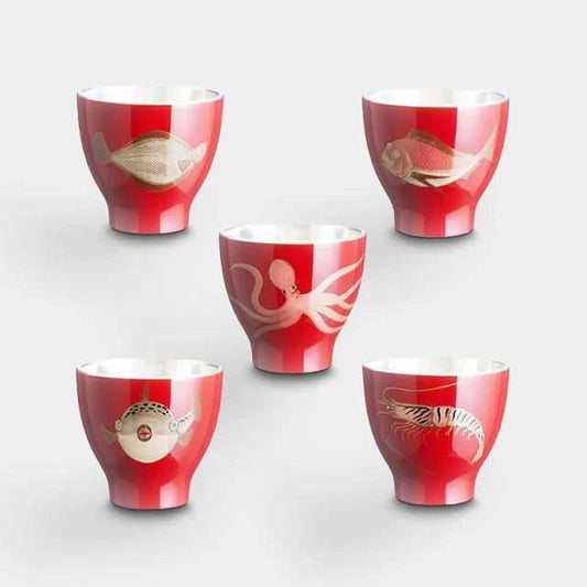Japanese sake cup set, seafood sake cups, Wajima lacquer sake cups, Osaka Naniwa pewter ware, tin sake cup, vermilion sake cup, black sake cup, Japanese sake ware, octopus sake cup, pufferfish sake cup, sea bream sake cup, shrimp sake cup, flatfish sake cup, handcrafted Japanese drinkware, paulownia box sake set, artisan sake cups Japan, symbolic sake cups