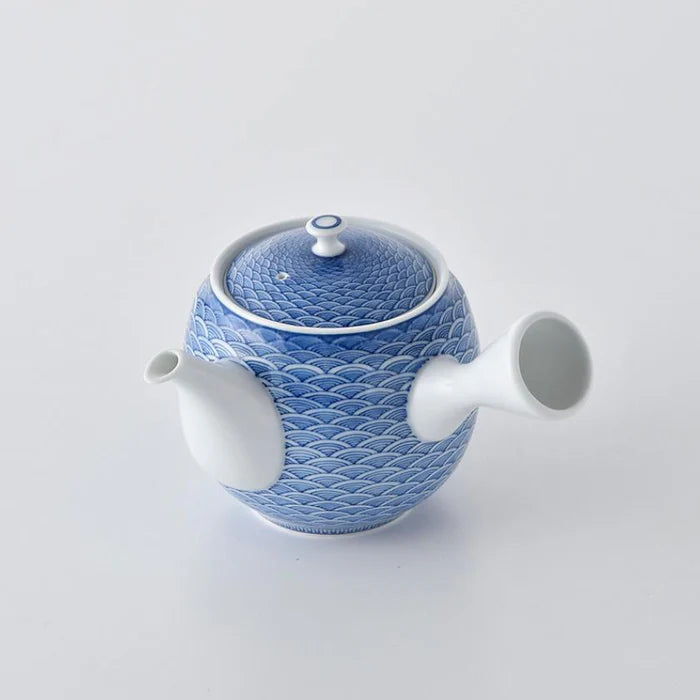 Japanese tea set, Kyusu teapot set, Mikawachi ware porcelain, Hirado Shozan tea set, Seigaiha tea set, Japanese Sencha cups, traditional Japanese porcelain, blue and white Japanese teapot, handmade Japanese tea set, Japanese porcelain tea cups, Nagasaki Mikawachi ware, Seigaiha wave pattern tea set, Japanese Kyusu with strainer, authentic Japanese tea ware