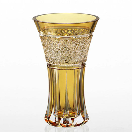 Kagami Crystal Bonfire Vase, Edo Kiriko amber vase, Tatsuya Nemoto cut glass, Japanese crystal flower vase, hemp leaf pattern vase, luxury Japanese crystal, Edo Kiriko art glass, handmade cut crystal vase, Japanese traditional craft gift, amber Edo Kiriko vase, Kagami Crystal Master Craftsman, Edo Kiriko home decor, collectible Japanese glassware, amber crystal vase Japan, symbolic Japanese gift vase