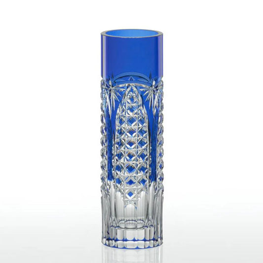 Kagami Crystal Edo Kiriko vase, bamboo leaf pattern vase, kagome cut glass vase, blue crystal single flower vase, Japanese cut glass vase, handmade Edo Kiriko crystal, Ibaraki Japan vase, symbolic Japanese glassware, artisan crystal vase, collectible Japanese vase, traditional Edo cut glass
