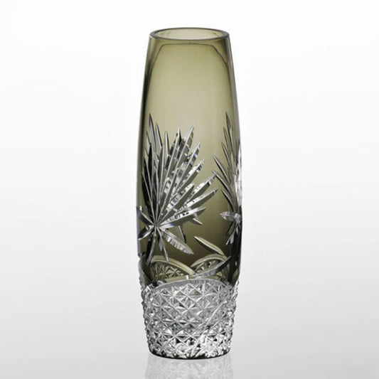 Kagami Crystal Edo Kiriko vase, night-blooming cereus vase, Japanese cut glass single flower vase, olive crystal vase, handmade crystal vase Japan, traditional Edo Kiriko vase, collectible Japanese crystal, artisan cut glass vase, Ibaraki Japan vase, slim crystal flower vase, Japanese cultural home decor, handcrafted Edo Kiriko crystal