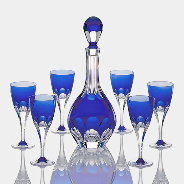 Kagami Crystal Royal Blue goblet set, Japanese crystal glassware, blue crystal decanter set, Edo Kiriko glassware, luxury Japanese glass set, handcrafted crystal wine glasses, Japanese blue cut glass, Kagami crystal decanter and goblets, fine crystal drinkware, Japanese anniversary gift, cobalt blue crystal glass set, traditional Japanese crystal craftsmanship, luxury sake and wine glassware.