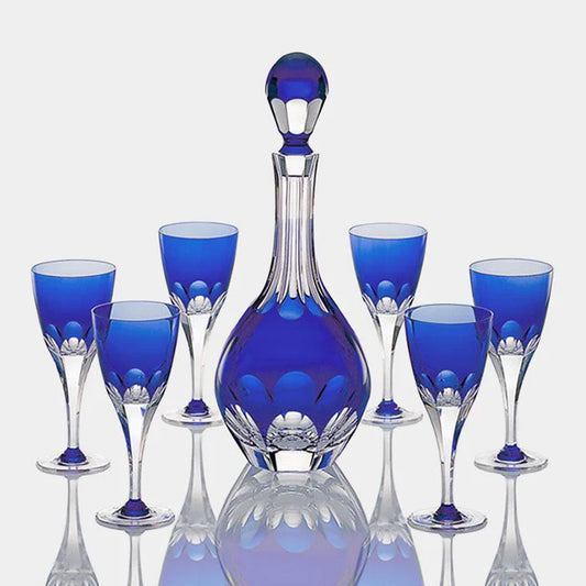 Kagami Crystal Royal Blue goblet set, Japanese crystal glassware, blue crystal decanter set, Edo Kiriko glassware, luxury Japanese glass set, handcrafted crystal wine glasses, Japanese blue cut glass, Kagami crystal decanter and goblets, fine crystal drinkware, Japanese anniversary gift, cobalt blue crystal glass set, traditional Japanese crystal craftsmanship, luxury sake and wine glassware.