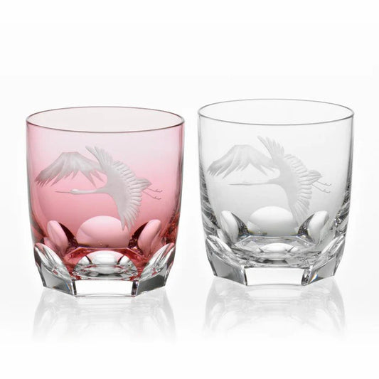 Kagami Crystal crane and Fuji glasses, Japanese engraved crystal glass set, Mt. Fuji crystal glassware, red and white Japanese gift glasses, crane motif glass Japan, symbolic Japanese crystalware, gravure engraved crystal glasses, traditional Japanese gift set, auspicious Japanese glass pair, handcrafted crystal glasses Kagami, cultural Japanese wedding gift, anniversary crystal glass pair, Ibaraki Kagami Crystal