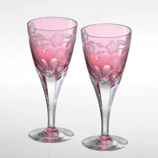 Kagami Crystal glasses, Japanese cherry blossom glass, Sakura engraved crystal, Kagami Crystal pair set, Japanese wine glasses, cherry blossom motif glassware, handmade crystal glasses Japan, Gravure sculpture crystal glass, Kagami Japan gift set, Japanese crystal gift pair