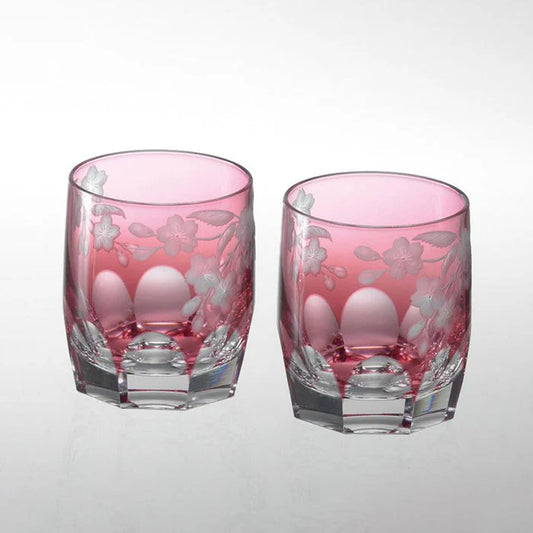 Kagami Crystal rocks glass, cherry blossom engraved glass, Japanese crystal whiskey glass, sakura motif drinking glass, cherry blossom rocks glass pair, handcrafted Japanese crystal, gravure engraved crystal glass, Kagami Crystal gift set, Japanese cherry blossom glassware, pink crystal glass set, Japanese whiskey tumblers, sakura rocks glasses, traditional Japanese glass gift, cherry blossom whiskey glass