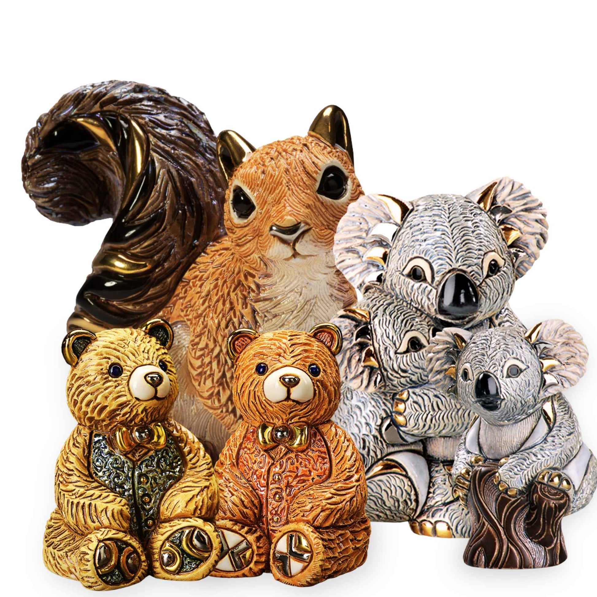Koala and squirrel figurine set. Ceramic teddy bear sculpture bundle. Handmade animal figurines from Uruguay. Woodland animals decor set. Collectible koala bear statues. Artisan ceramic squirrel sculpture. Gold accented teddy bear collectibles. Koala parent and baby figurine. Enamel forest animal figurines. Gift-ready ceramic wildlife figures