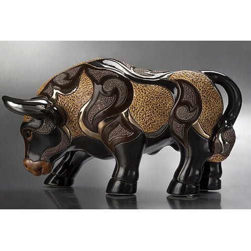 Limited‑edition ceramic bull sculpture, hand‑carved and painted in 2009. Strong, artisanal décor symbolizing resilience and prosperity. Gallery Art. Symbolic Strength Animal Art Piece. Art Collectible.