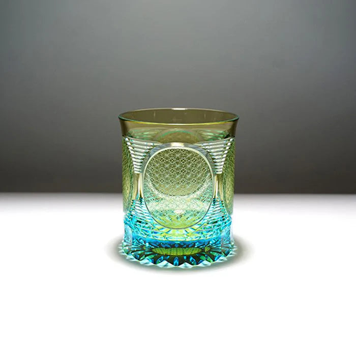 Nichi Rin Kiriko glass, Japanese rocks glass, hand-cut Kiriko glassware, Tokyo artisan glass, sun and moon motif glass, Japanese crystal tumbler, Rinzen Kiriko glass, symbolic Japanese glassware, hand-polished soda glass, collectible Japanese cut glass, traditional Kiriko design, Japanese sunburst motif glass, Edo-style Kiriko brilliance