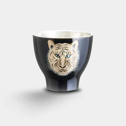 Osaka Naniwa Pewter Ware, Wajima lacquer cup, Japanese pewterware, handcrafted tin cup Japan, tiger motif Japanese cup, dragon motif Japanese cup, Japanese cultural symbolism, artisan tin lacquerware, paulownia box giftware, Osaka Suzuki crafts, Japanese lacquered pewter, collectible Japanese tinware, traditional Japanese metal crafts, tiger and dragon symbolism Japan