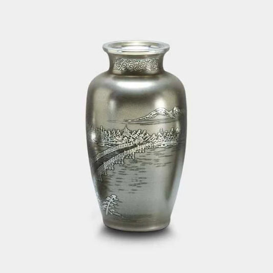 Osaka Naniwa pewter vase, Japanese pewterware vase, Osaka Suzuki tin vase, Ibushi finish vase, traditional Japanese metal vase, engraved pewter vase Japan, Japanese artisan pewterware, tin vase with paulownia box, Edo period pewter craft, handmade Japanese pewter vase, luxury Japanese decorative vase, tall pewter vase Japan, Japanese engraved landscape vase, collectible Japanese pewter