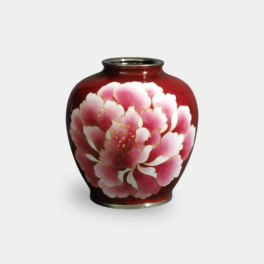 Owari Cloisonné vase, Japanese cloisonné, gold red enamel vase, peony flower vase, Kato Shippo Seisakusyo, Japanese enamel art, gold leaf cloisonné, miniature Japanese vase, handcrafted cloisonné vase, traditional Japanese vase, Japanese floral art, small collectible vase, Japanese enamelware, luxury Japanese gift, Aichi Prefecture crafts