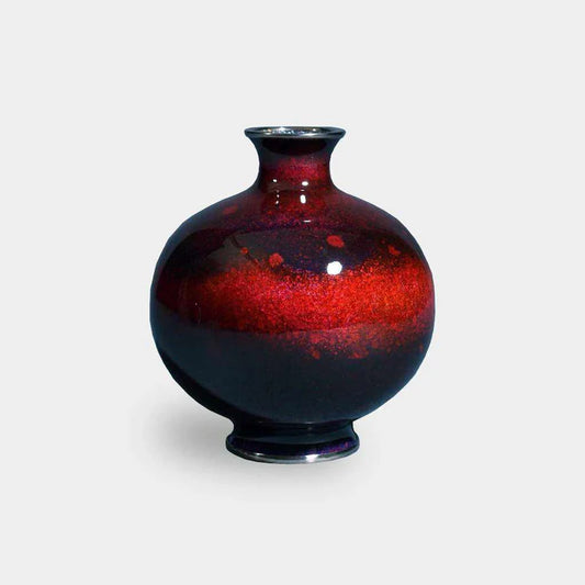 Owari Cloisonne vase, Japanese cloisonne art, wireless cloisonne enamel, Kato Shippo Seisakusyo vase, Japanese enamel vase, tamagata cloisonne vase, Japanese single flower vase, red cloisonne vase, navy blue cloisonne vase, green cloisonne vase, Japanese handcrafted vase, Japanese enamel art, cloisonne wedding gift, traditional Japanese decorative vase, Aichi cloisonne pottery