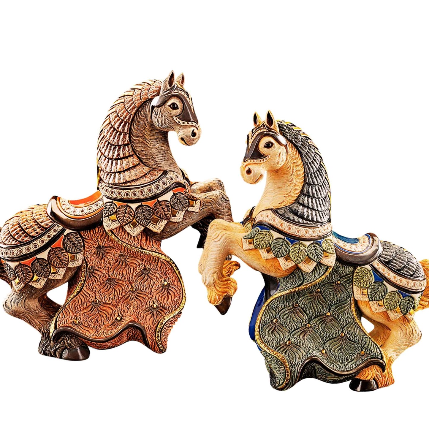 Rampant horse statue pair. Rearing horse collectible figurines. Hand-painted ceramic horse sculptures. De Rosa Gallery horse set. Limited edition equestrian art. Twin rampant horse ceramic statues. Decorative horse figurines luxury set. Artisan horse rearing sculptures. Gold-trimmed horse artwork. Horse lovers gift duo