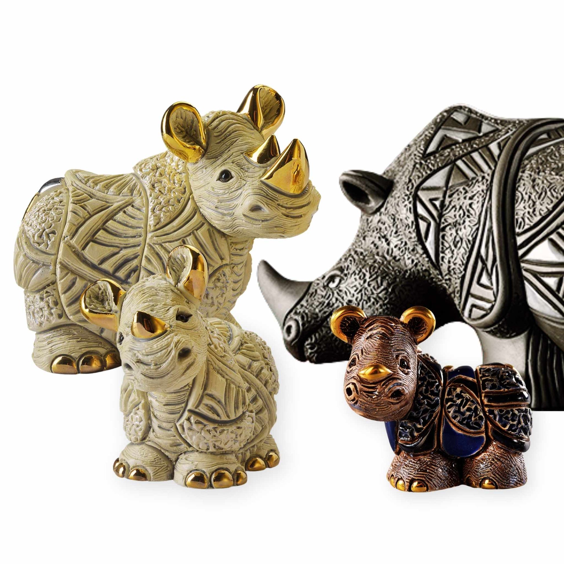 Rhino figurine gift set. Handcrafted rhino statues. Ceramic and gres rhino sculptures. White rhino decorative figure. Black gres rhinoceros statue. De Rosa rhino collection. Miniature rhino figurine collectible. Enamel rhino figurines. Symbolic wildlife sculptures. Animal totem ceramic art