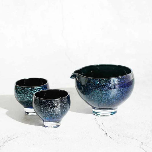 Sai glass set, Japanese blown glass, Glass Studio Izumo, handmade glass cups, Japanese glassware set, Izumo glass craft, silver foil glass, Sai red glass, Sai green glass, Sai blue glass, artisan glass Japan, Japanese design glassware, modern Japanese tableware, handmade Japanese gift set, collectible glass Japan