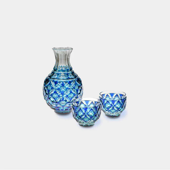 Satsuma Kiriko, Satsuma cut glass, Japanese crystal carafe, Satsuma Vidro, handmade Japanese glassware, lapis lazuli glass carafe, gold red cut glass, green cut glass, Japanese crystal set, traditional Japanese glass, Kagoshima glassware, Edo period glass technique, Japanese tableware gift, artisan cut crystal, paulownia gift box glassware, Japanese craftsmanship glass