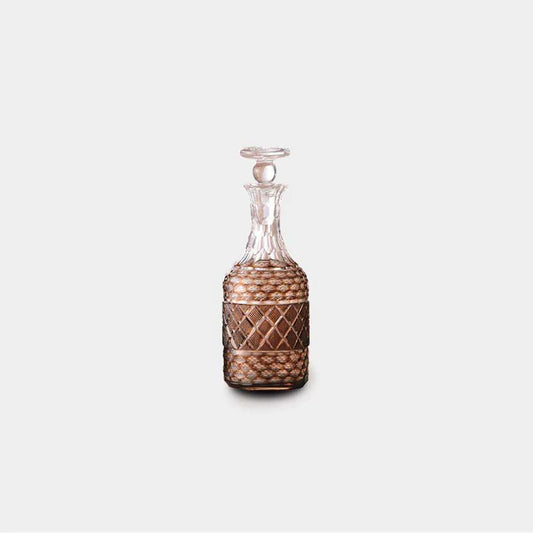 Satsuma cut glass bottle, Satsuma Kiriko brown glass, Japanese crystal glass bottle, handcrafted glass bottle with stopper, Japanese sake bottle, Japanese whiskey decanter, Kagoshima Satsuma glassware, traditional Japanese cut glass, Satsuma Kiriko revival, paulownia box glass bottle, collectible Japanese glassware, artisan crystal glass bottle, feldspar blend Satsuma brown, Japanese drinkware gift
