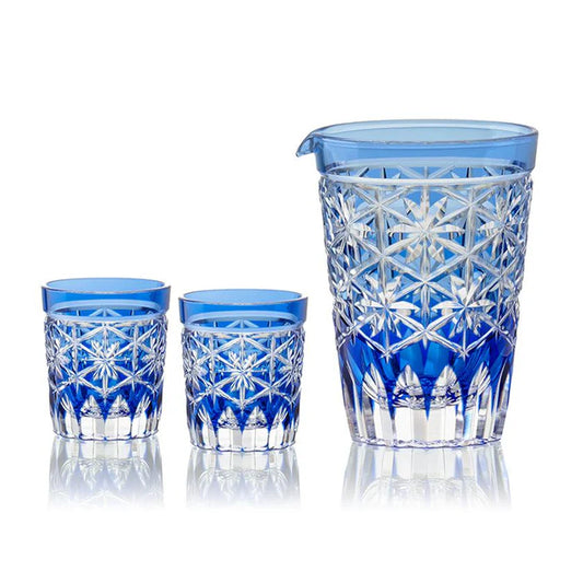 Seika Edo Kiriko crystal set, Japanese cut glass set, Kagami Crystal Seika, blue crystal katakuchi and cups, Edo Kiriko star flower pattern, Asanoha motif glassware, handmade Japanese crystal, collectible Edo cut glass, artisan crystal glass set Japan, starry night glass design, Japanese hospitality crystalware, traditional Japanese tableware, Edo Kiriko Kagami Crystal set
