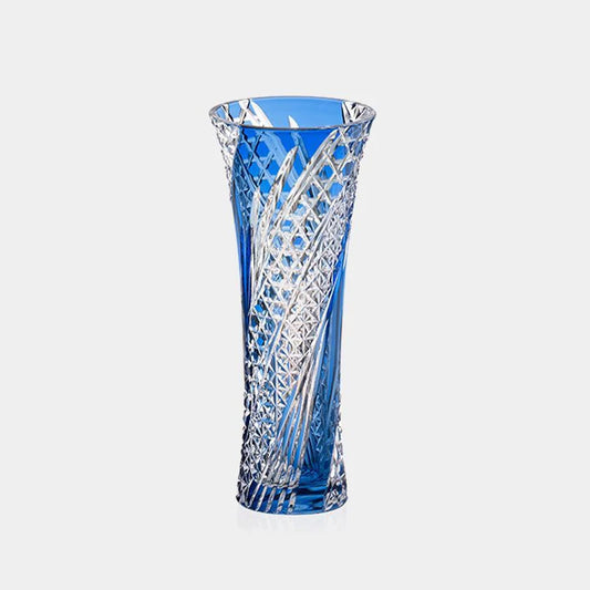 Seiryuu Edo Kiriko vase, Kagami Crystal bud vase, Japanese cut glass vase, single flower vase Japan, blue crystal vase, Edo Kiriko floral vase, traditional Japanese patterns vase, Rokkaku Kagome vase, Asanoha motif vase, handcrafted crystal vase Japan, luxury Japanese vase, Ibaraki Japan vase, symbolic Japanese glassware, Kagami Edo cut glass, collectible Japanese vase
