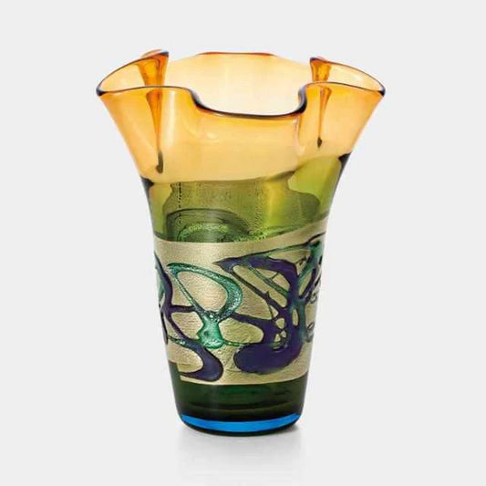 Tsugaru Vidro vase, Hokusai Frill vase, Hokuyo Glass Japan, Japanese glass flower vase, gold leaf glass vase, handblown glass vase Japan, Aomori glassware, amber green glass vase, Japanese art glass, decorative glass vase, collectible Japanese vase, traditional glassmaking Japan, handmade glass vase with frill rim, seasonal Japanese glass vase