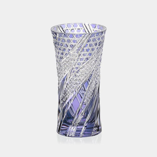 Wisteria Edo Kiriko vase, Japanese crystal vase, Kagami Crystal vase, handcrafted cut glass, traditional Japanese glassware, violet crystal vase, Edo cut glass patterns, hexagonal basket weave design, hemp leaf motif, Japanese artisan vase, luxury home decor Japan, handmade crystal vase, purple glass vase, Ibaraki Japan crafts, collectible Japanese vase